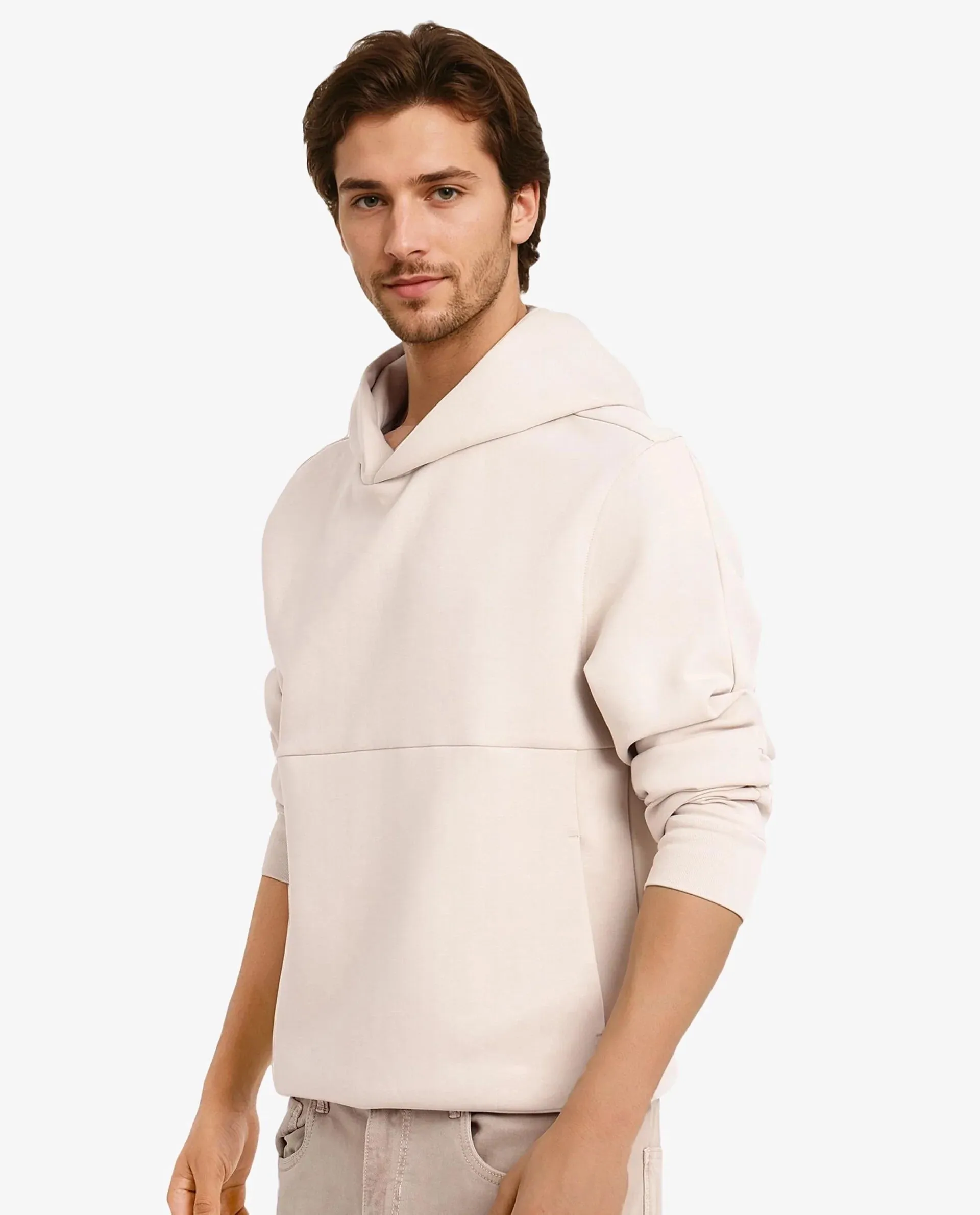 Rare Rabbit Men Scon Light Beige Full Sleeve Hooded Slim Fit Plain Sweatshirt