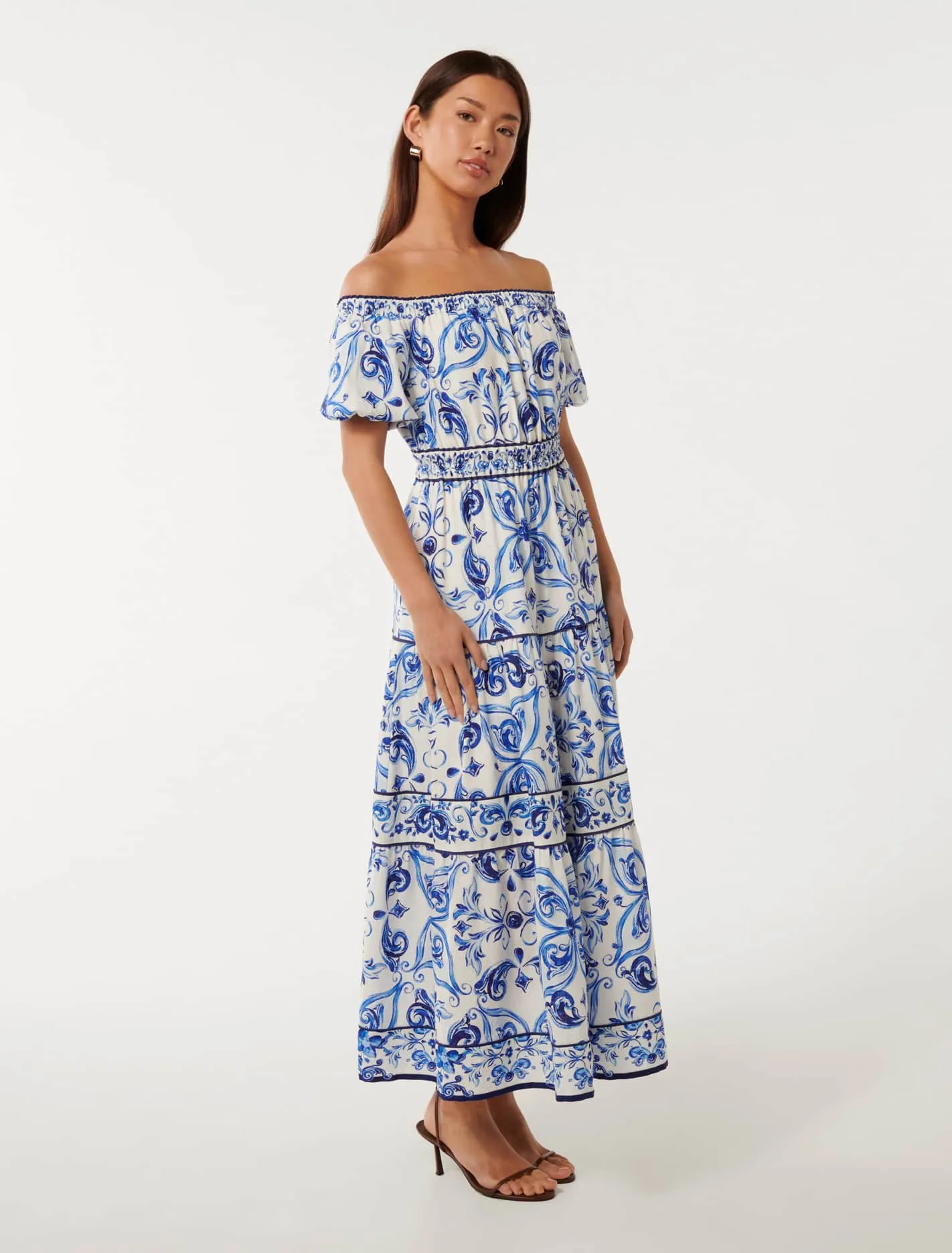 Ravenna Off Shoulder Tiered Midi Dress