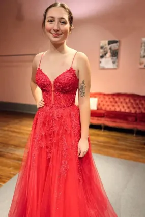 Red A-Line Corset Lace Long Prom Dress     fg3840