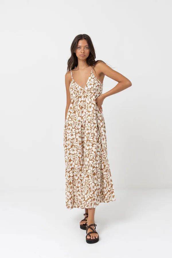 RHYTHM PACIFIC TIERED MIDI DRESS- GOLDEN