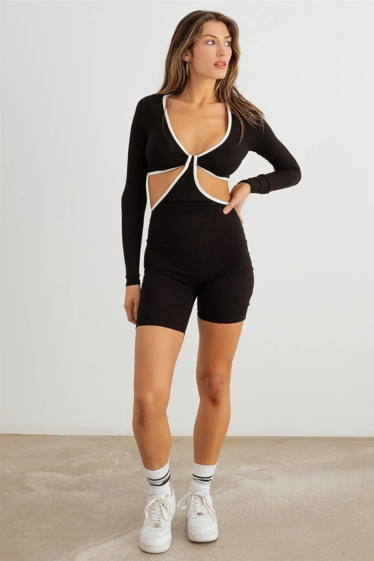 Ribbed Front Knot Cut-Out Long Sleeve Romper