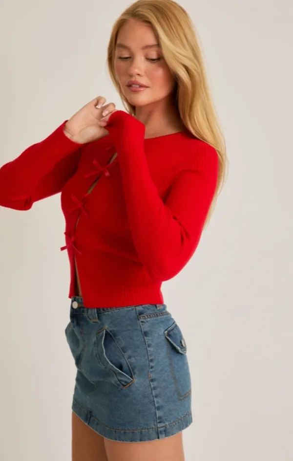 Ribbed Satin Bow Detail Sweater