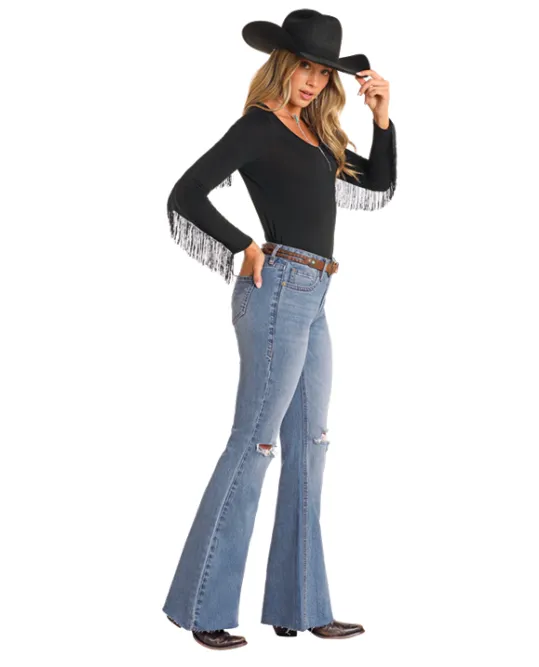 Rock & Roll Cowgirl Women's High-Rise Distressed Flare Jeans BW6HD04793