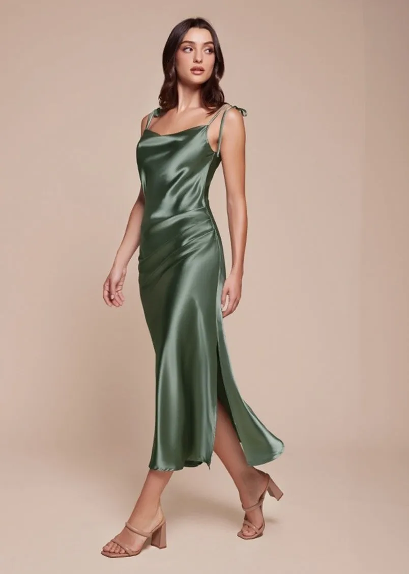 Rosie Satin Slip Cowl Neck Midi Dress Moss Green