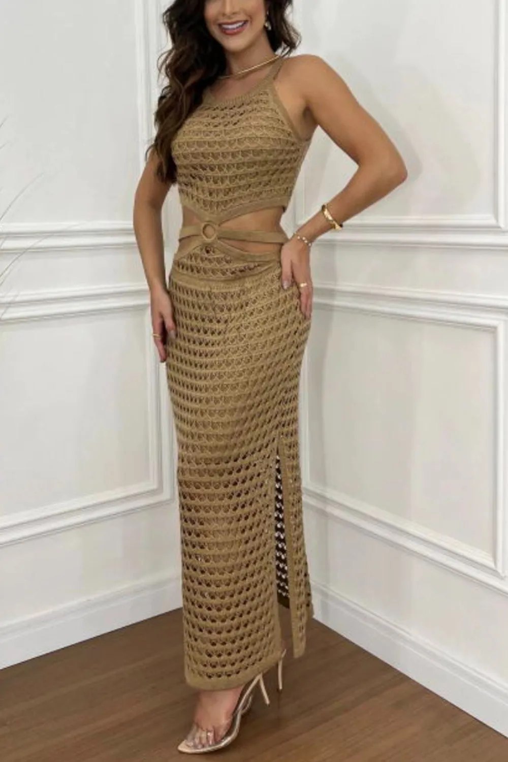 Round Neck Cutout Slit Sweater Dress