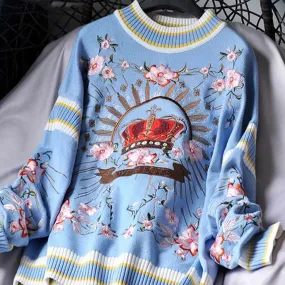 Runway Luxury Winter Knitting Pullovers Women's High Quality Floral Crown Embroidery Casual Loose Blue Sweater C-127