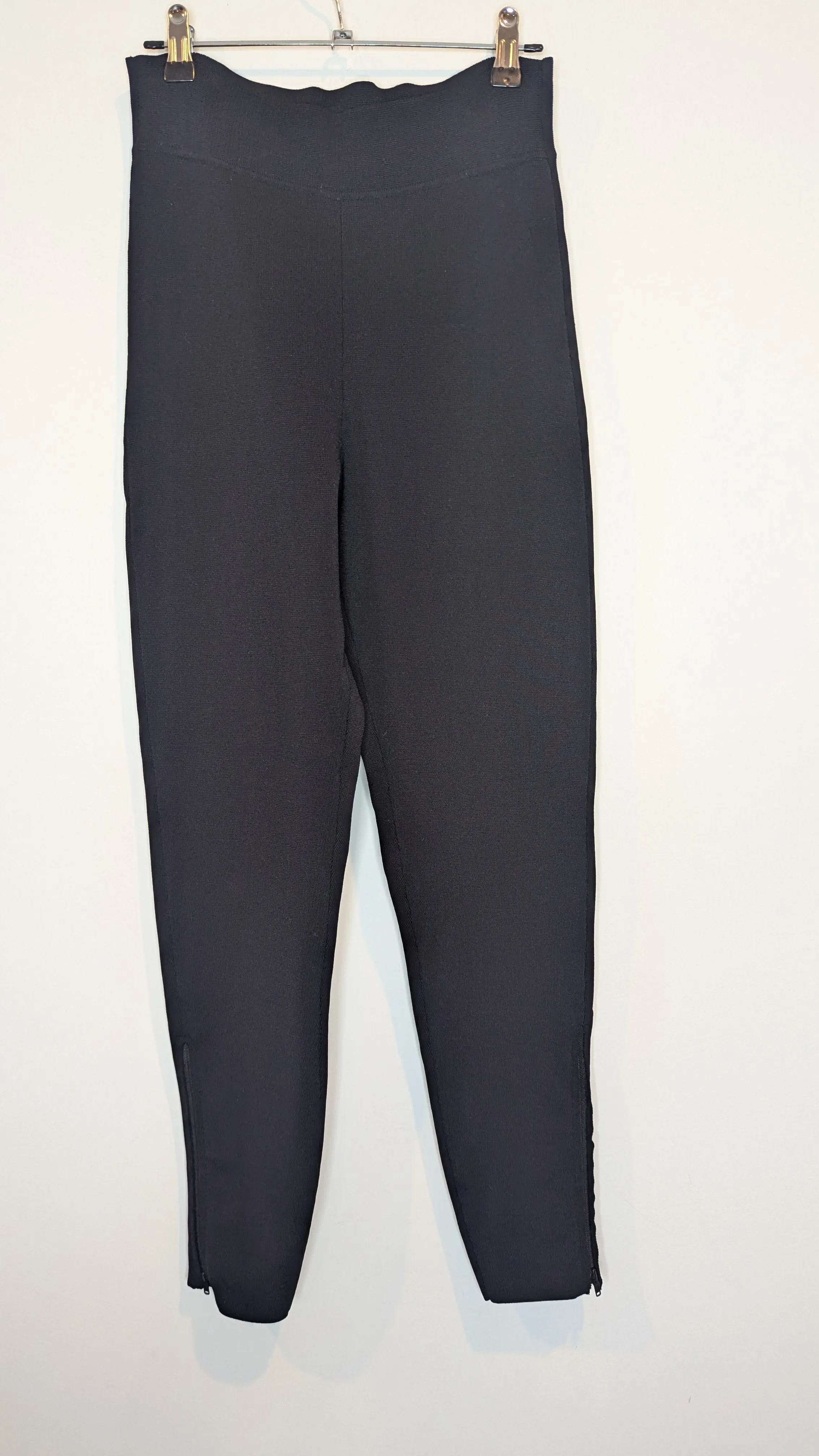 Saba Black Knit Stretch High Rise Leggings / Pants Ankle Zips