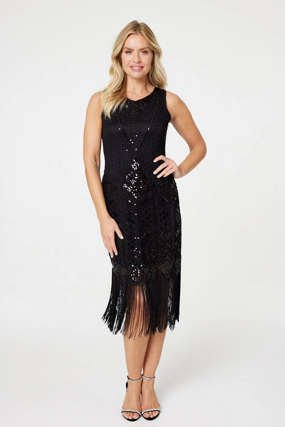 Sequin Fringed Hem Midi Shift Dress