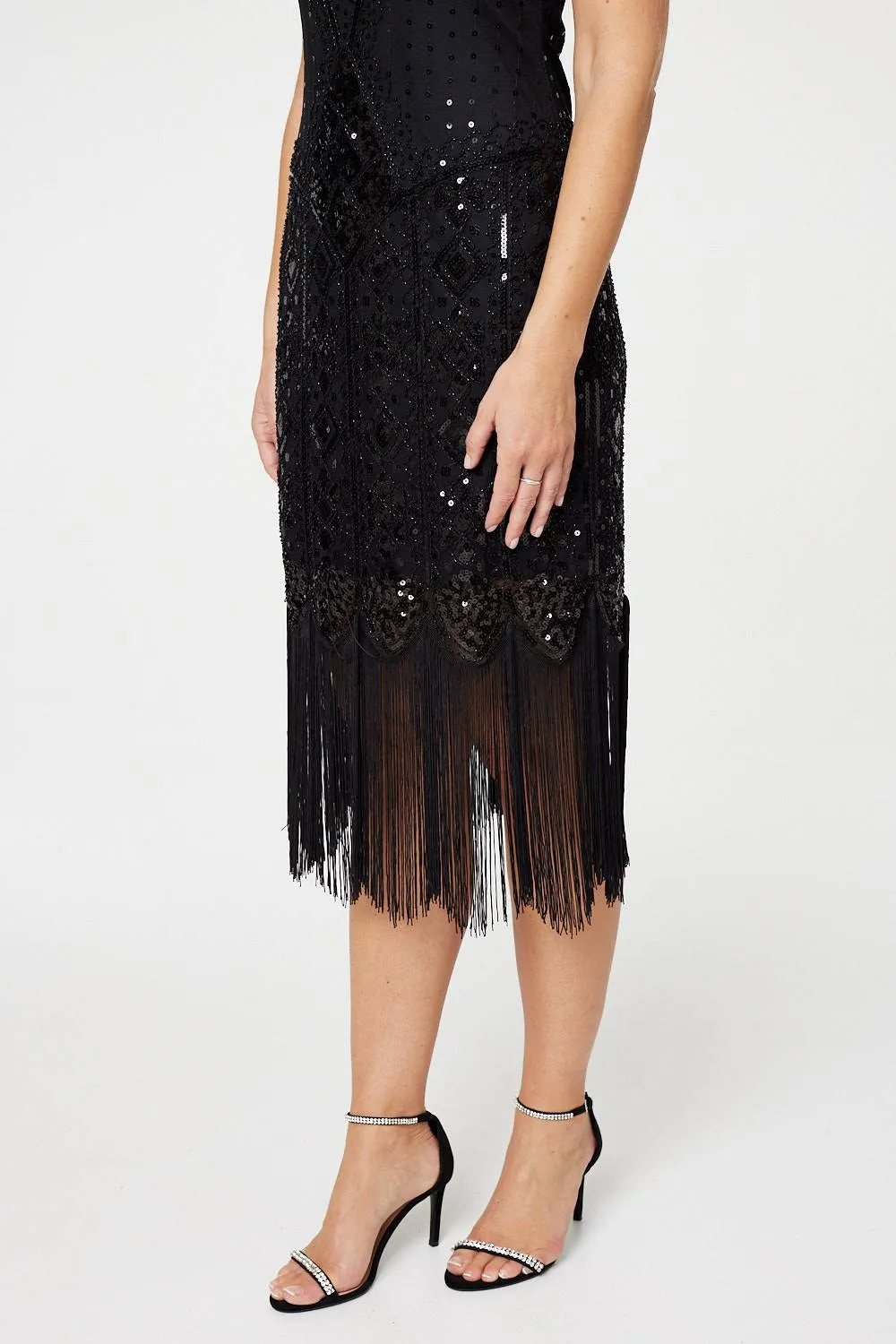 Sequin Fringed Hem Midi Shift Dress