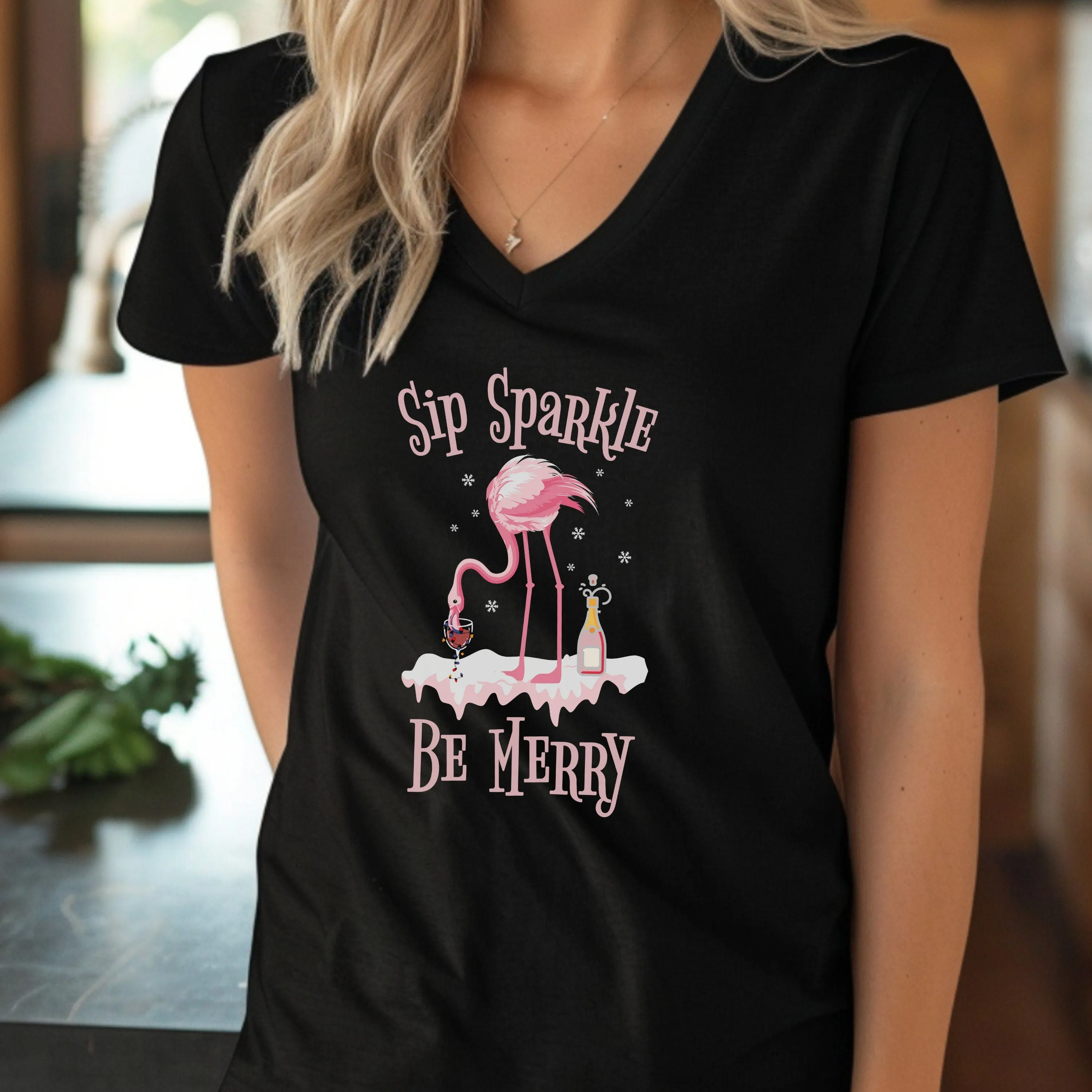 Sip Sparkle Be Merry Comfort Color Shirt, Christmas in July Champagne Shirt, Flamingo Christmas Shirt, Summer Vacation