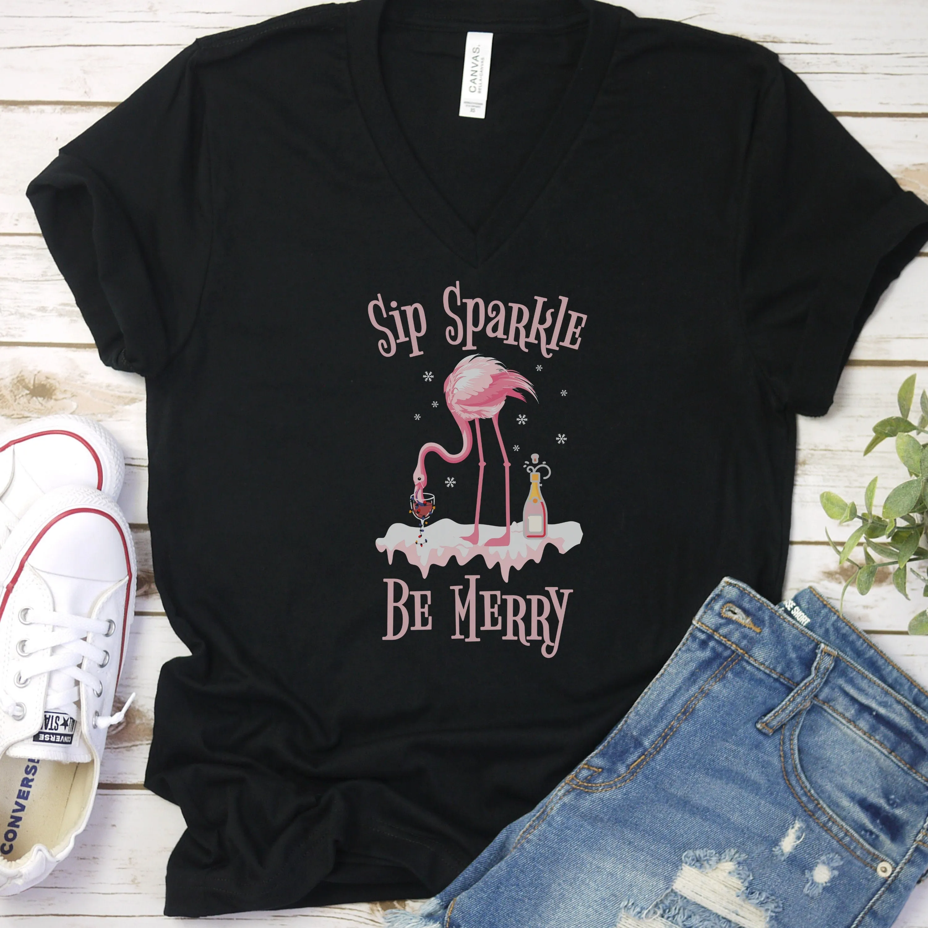 Sip Sparkle Be Merry Comfort Color Shirt, Christmas in July Champagne Shirt, Flamingo Christmas Shirt, Summer Vacation