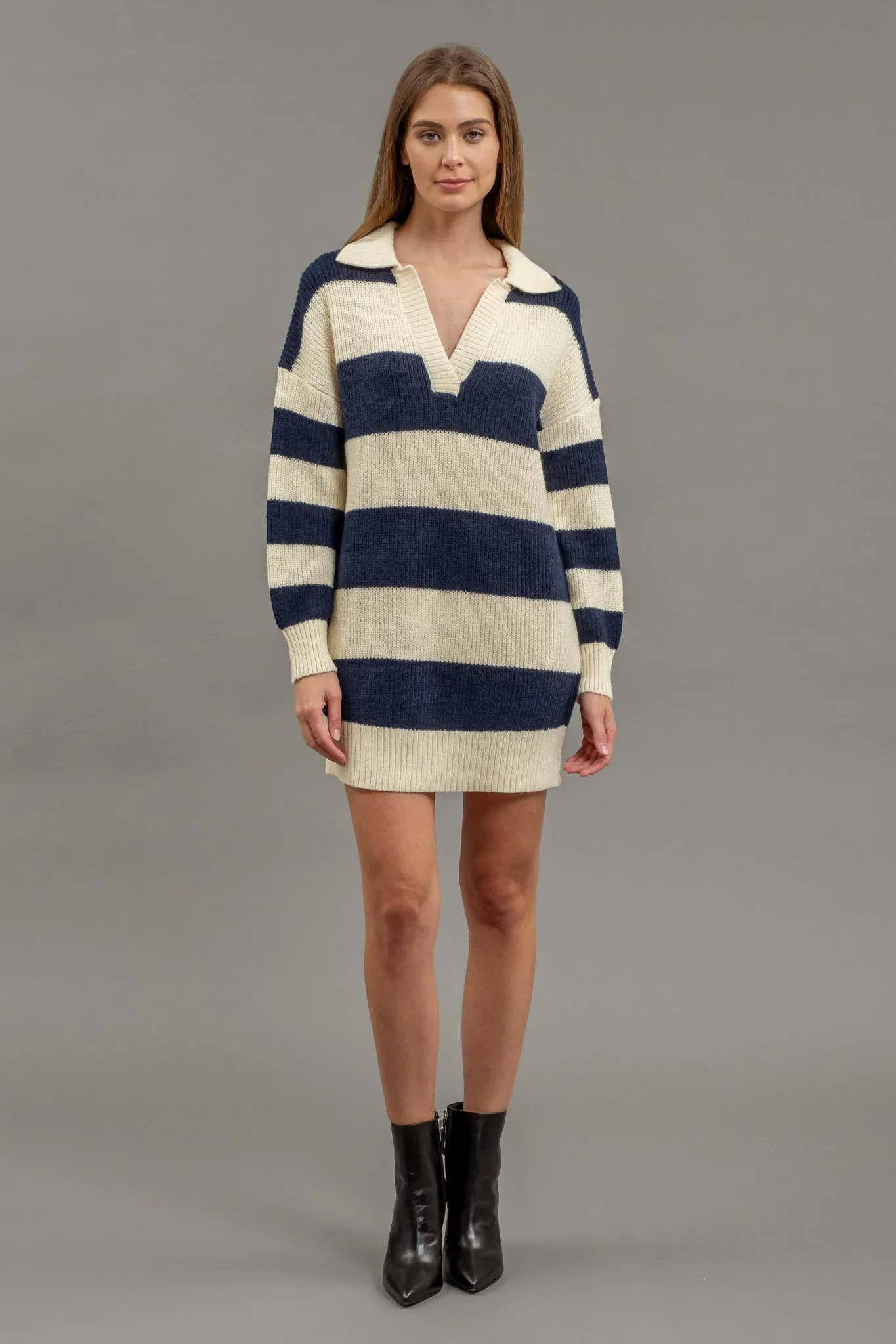 STRIPE COLLARED LONG SLEEVE MINI SWEATER DRESS