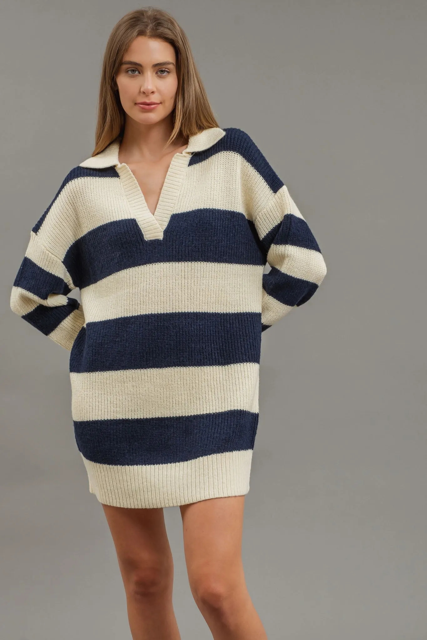 STRIPE COLLARED LONG SLEEVE MINI SWEATER DRESS