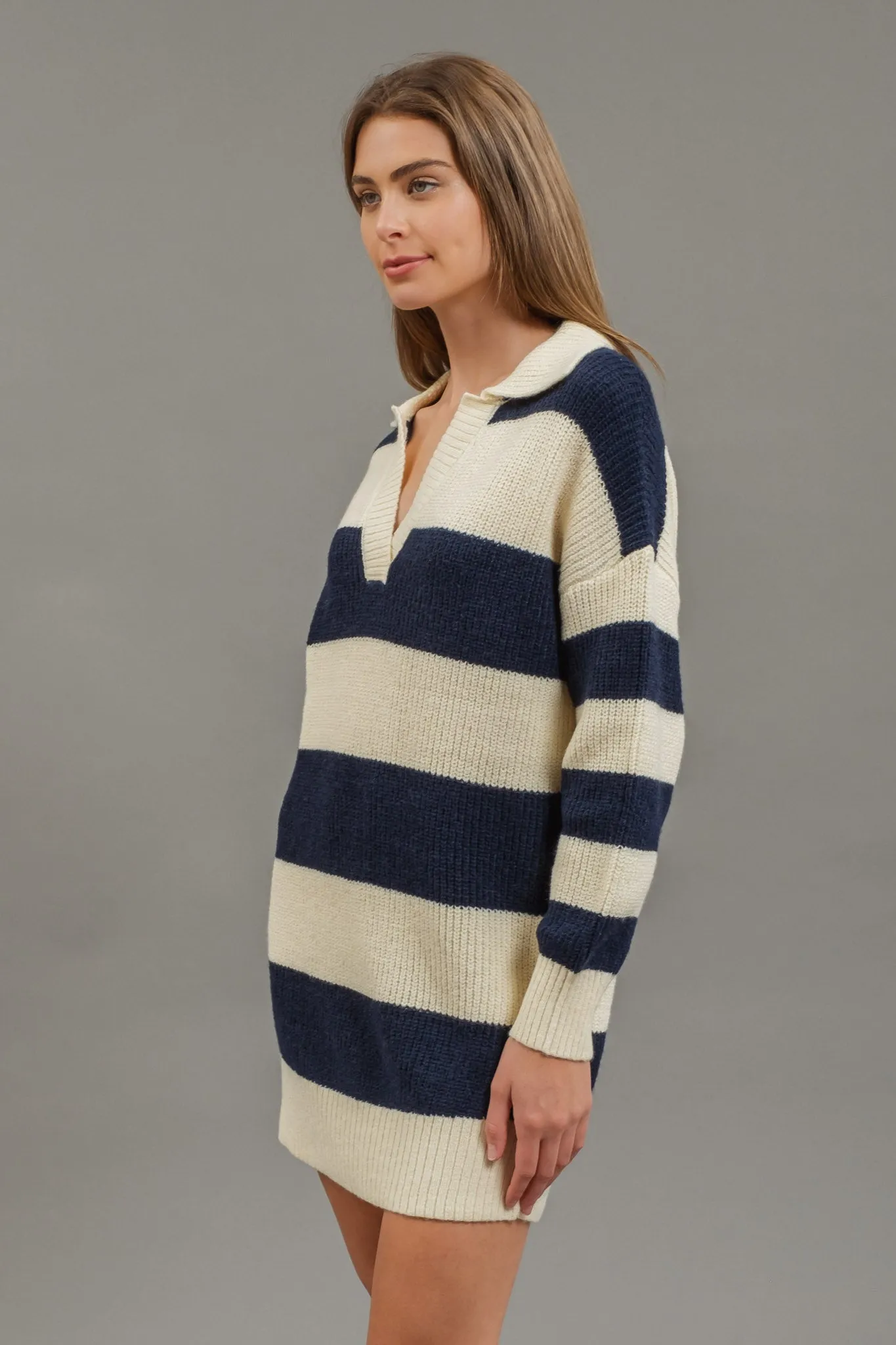 STRIPE COLLARED LONG SLEEVE MINI SWEATER DRESS