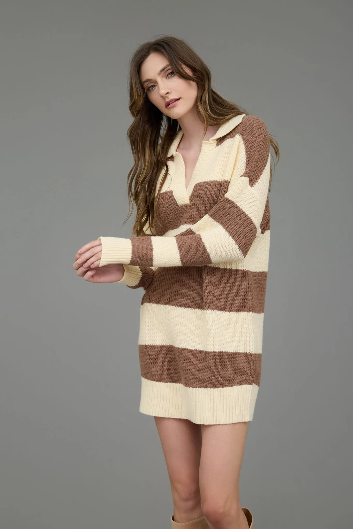 STRIPE COLLARED LONG SLEEVE MINI SWEATER DRESS