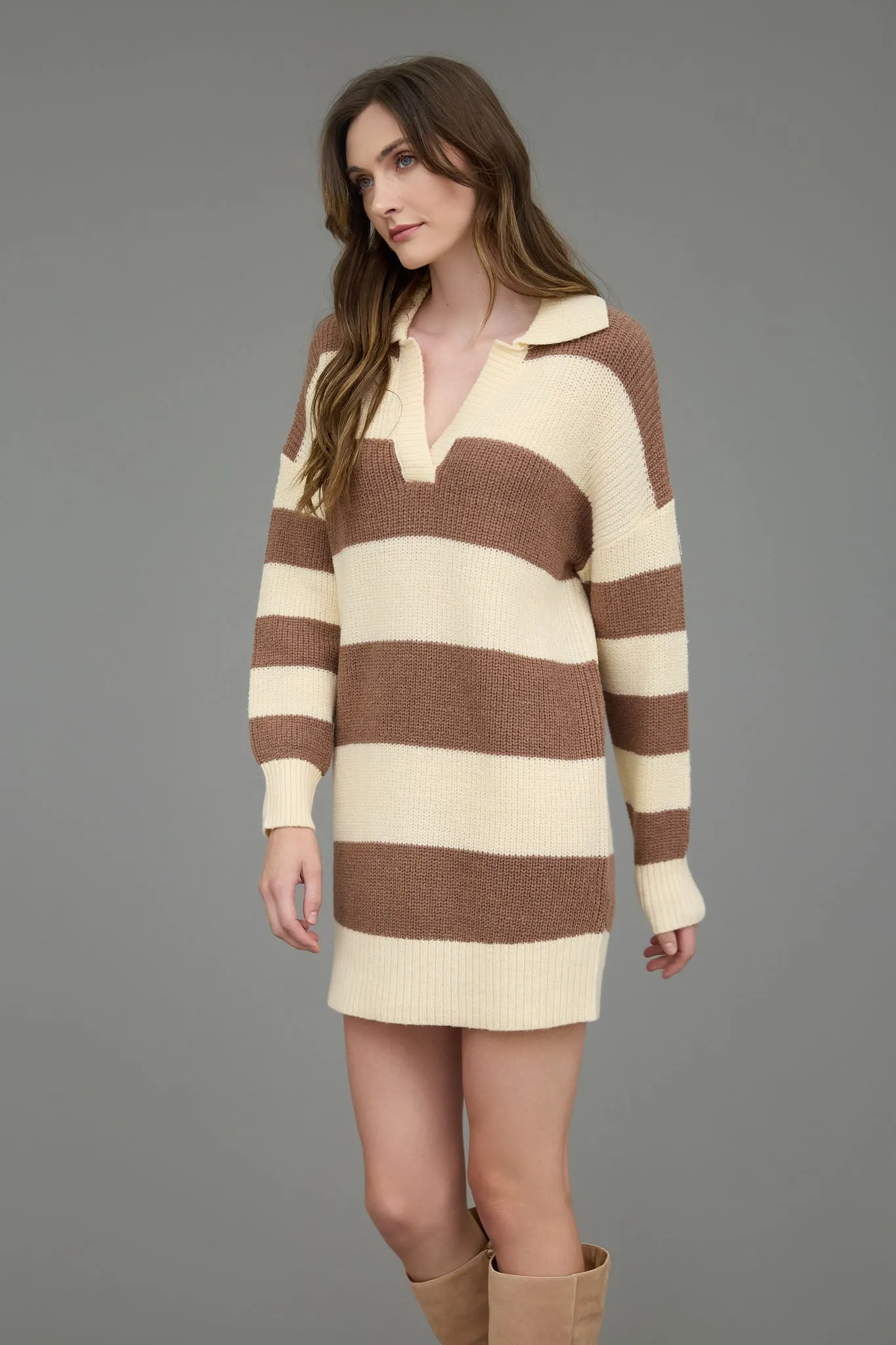 STRIPE COLLARED LONG SLEEVE MINI SWEATER DRESS