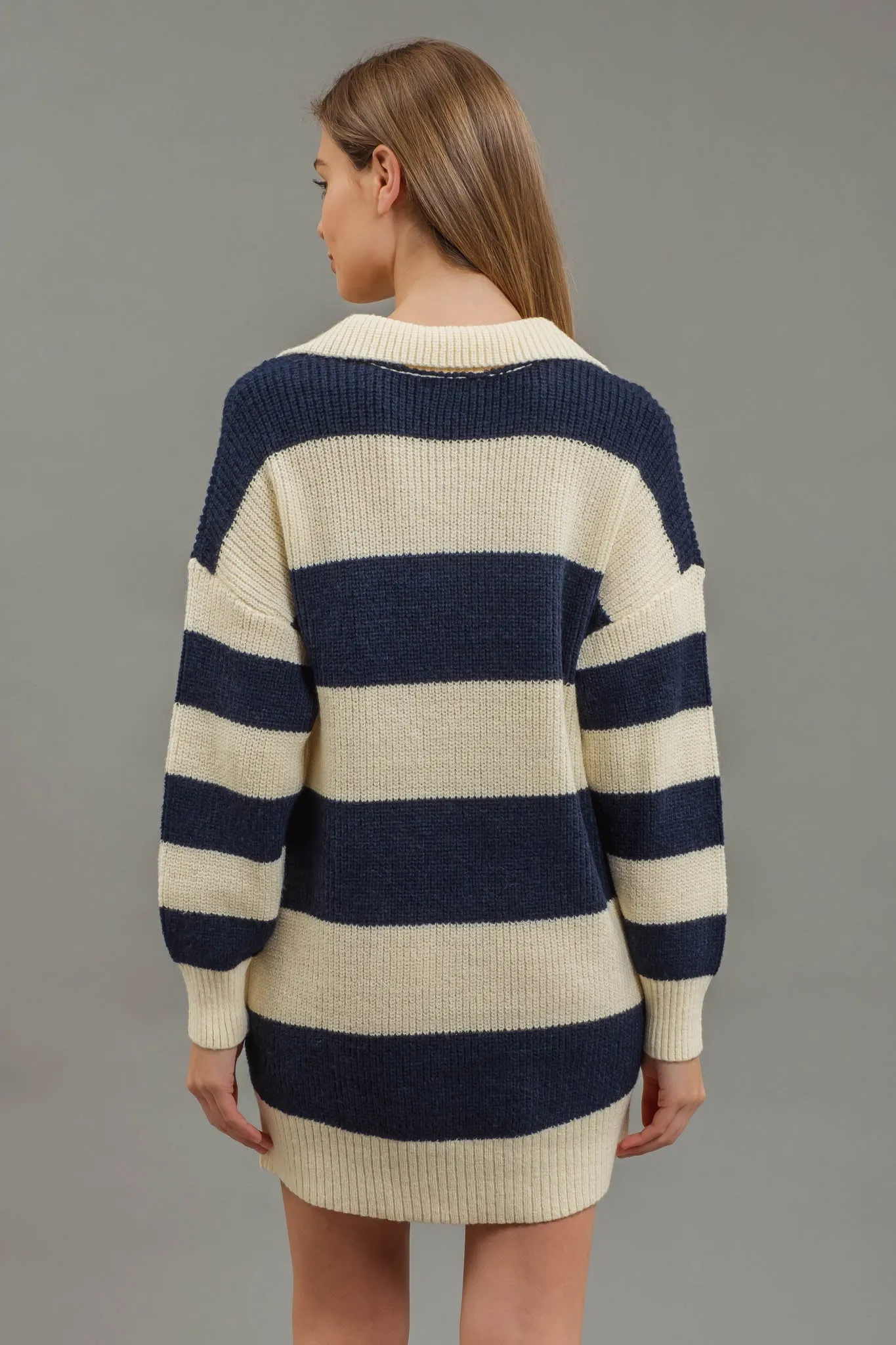 STRIPE COLLARED LONG SLEEVE MINI SWEATER DRESS