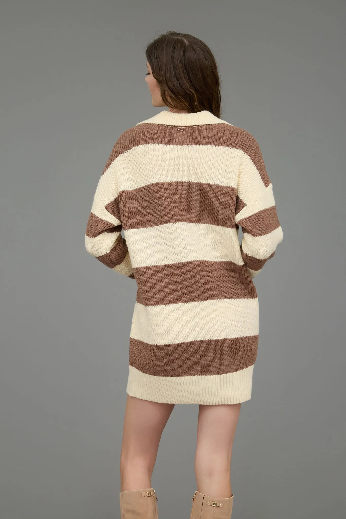 STRIPE COLLARED LONG SLEEVE MINI SWEATER DRESS