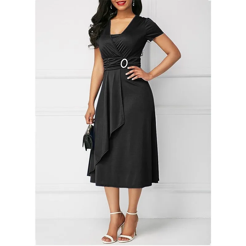 Summer short sleeves peplum flare midi dress | Elegant evening cocktail party dress