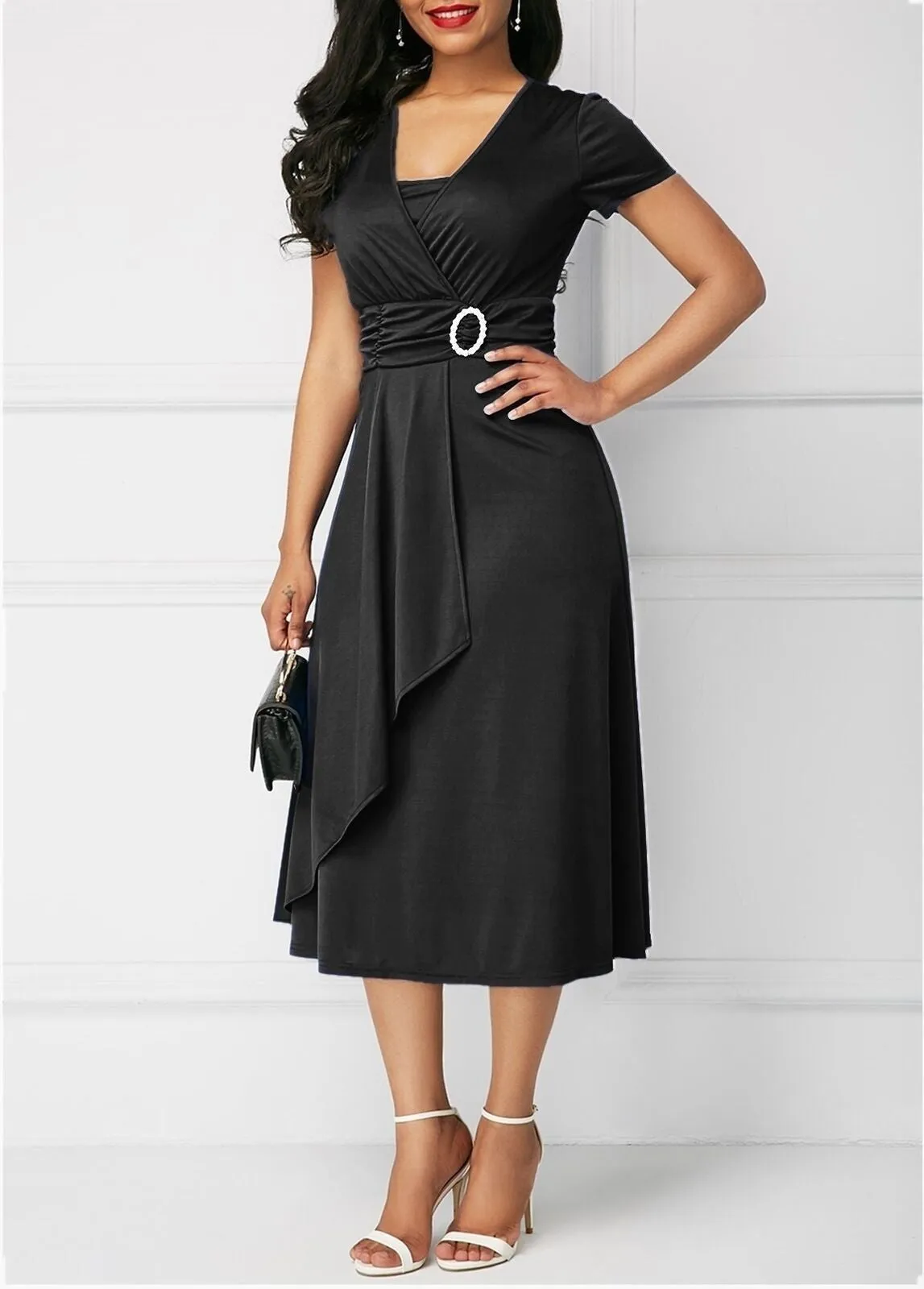 Summer short sleeves peplum flare midi dress | Elegant evening cocktail party dress