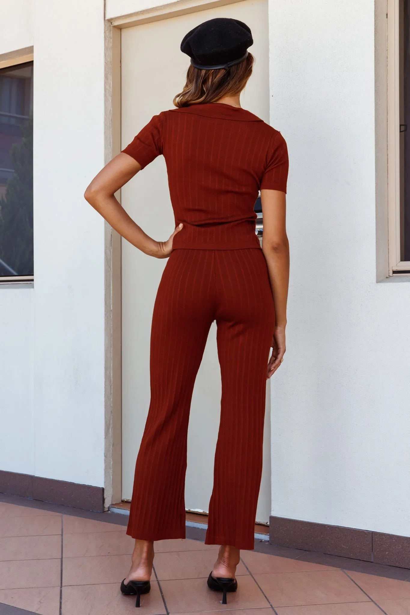 Tori High Waist Flared Knit Pants Mocha