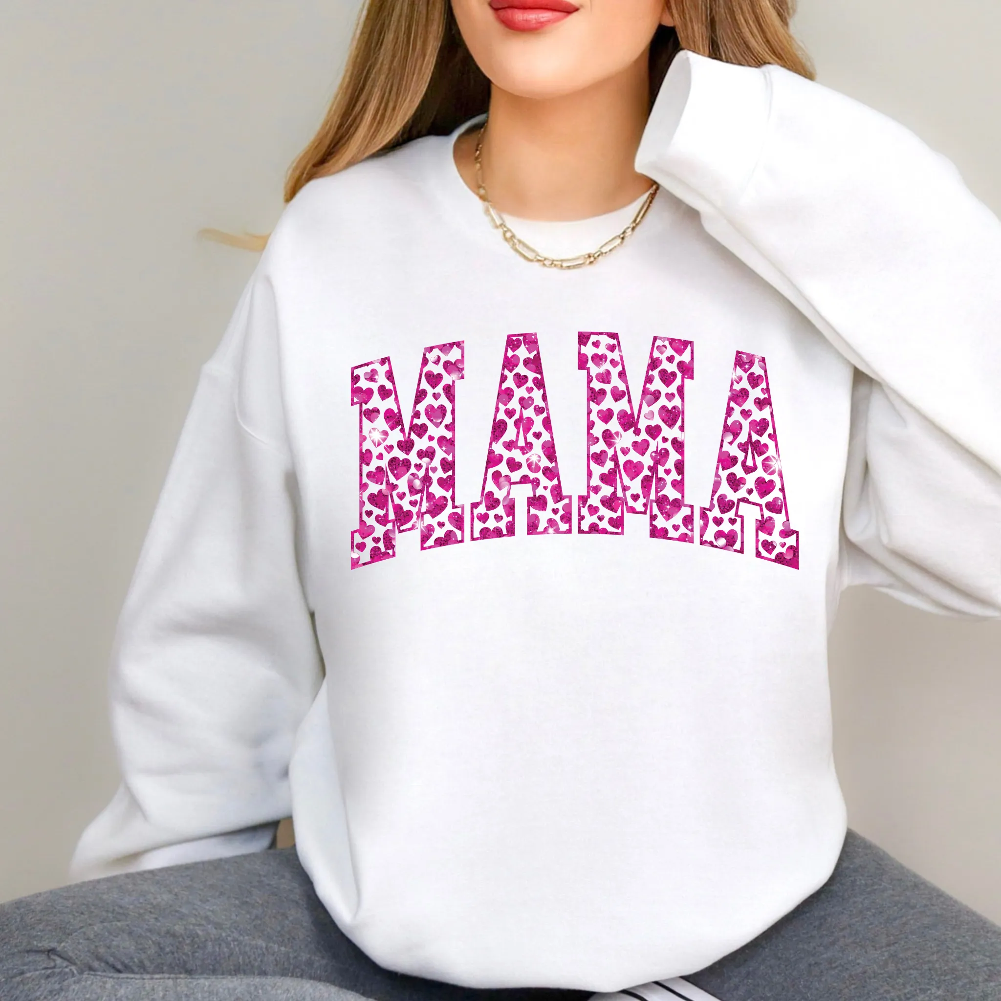 Valentine's Day Mama Pink Hearts Crewneck Sweatshirt