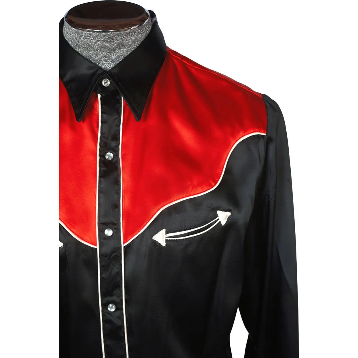 Vintage 1960s Western Black & Red Satin Cowboy Shirt Caravan Alberta Mens L 16