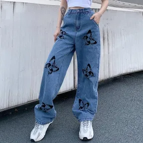 Vintage Jeans Woman Long Trousers Loose Butterfly Print Pants