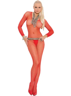 Vivacious Womens Long Sleeve Red Fishnet Bodystocking