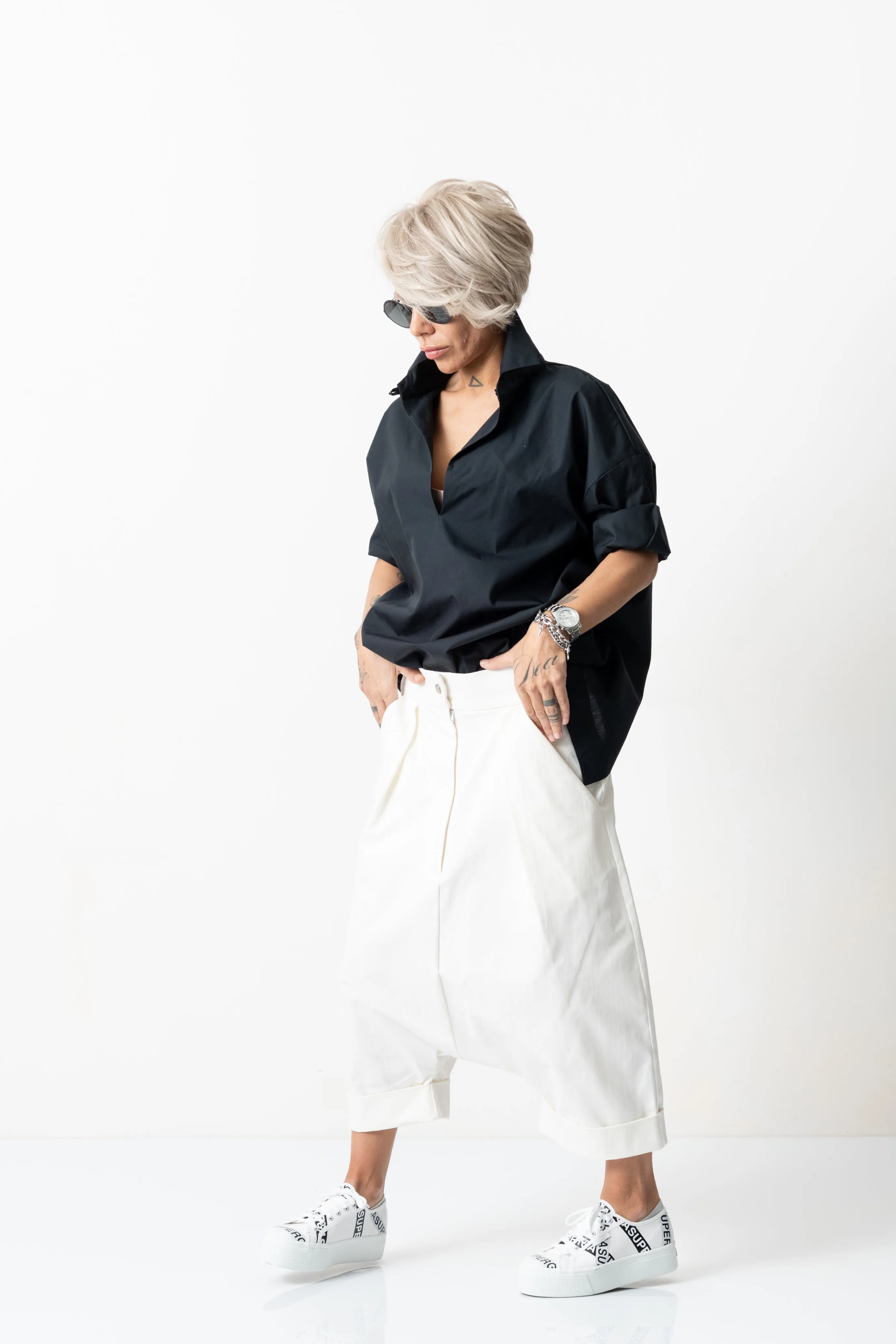 White Drop Crotch Casual Pants with Side Pockets