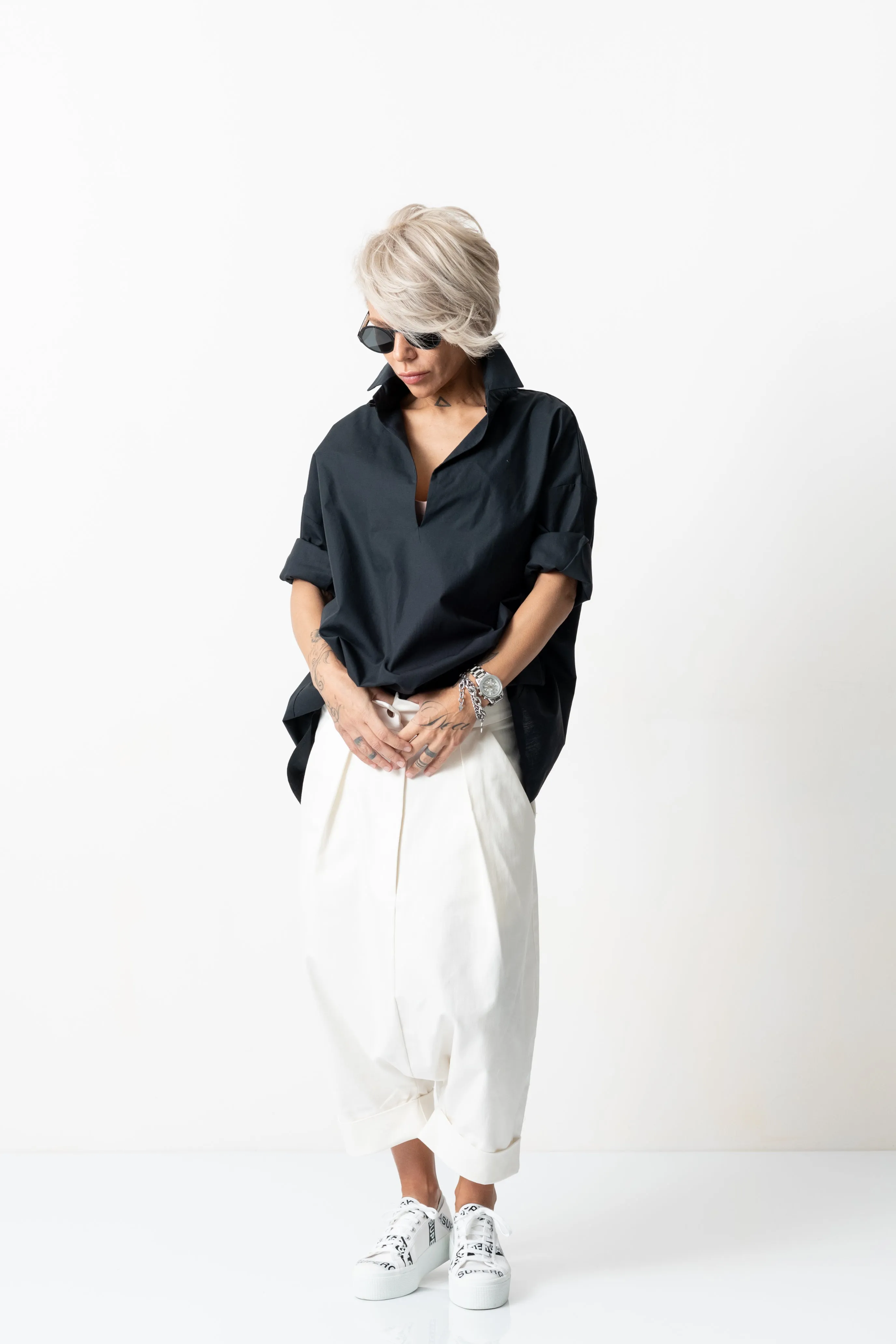 White Drop Crotch Casual Pants with Side Pockets