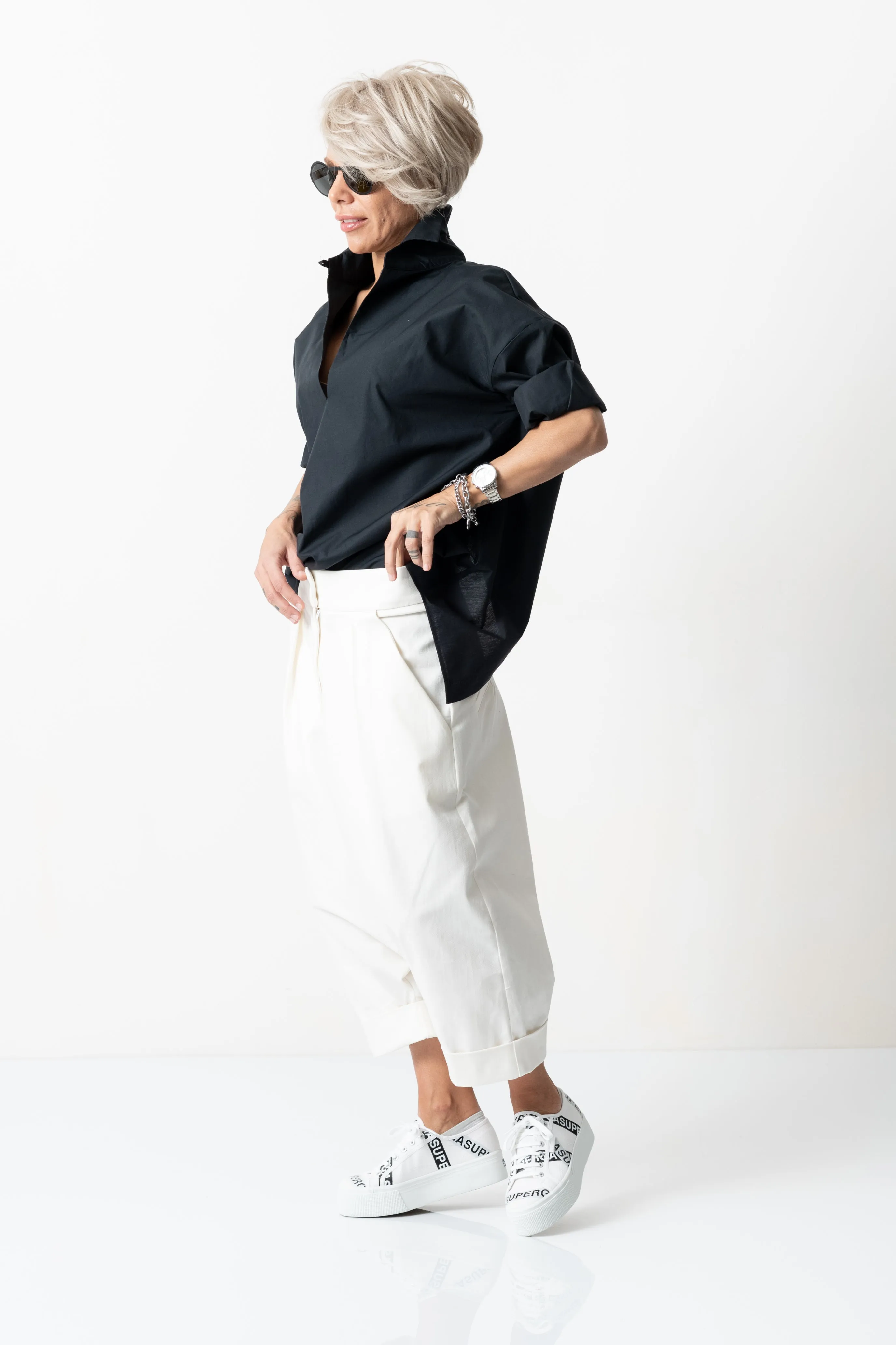 White Drop Crotch Casual Pants with Side Pockets