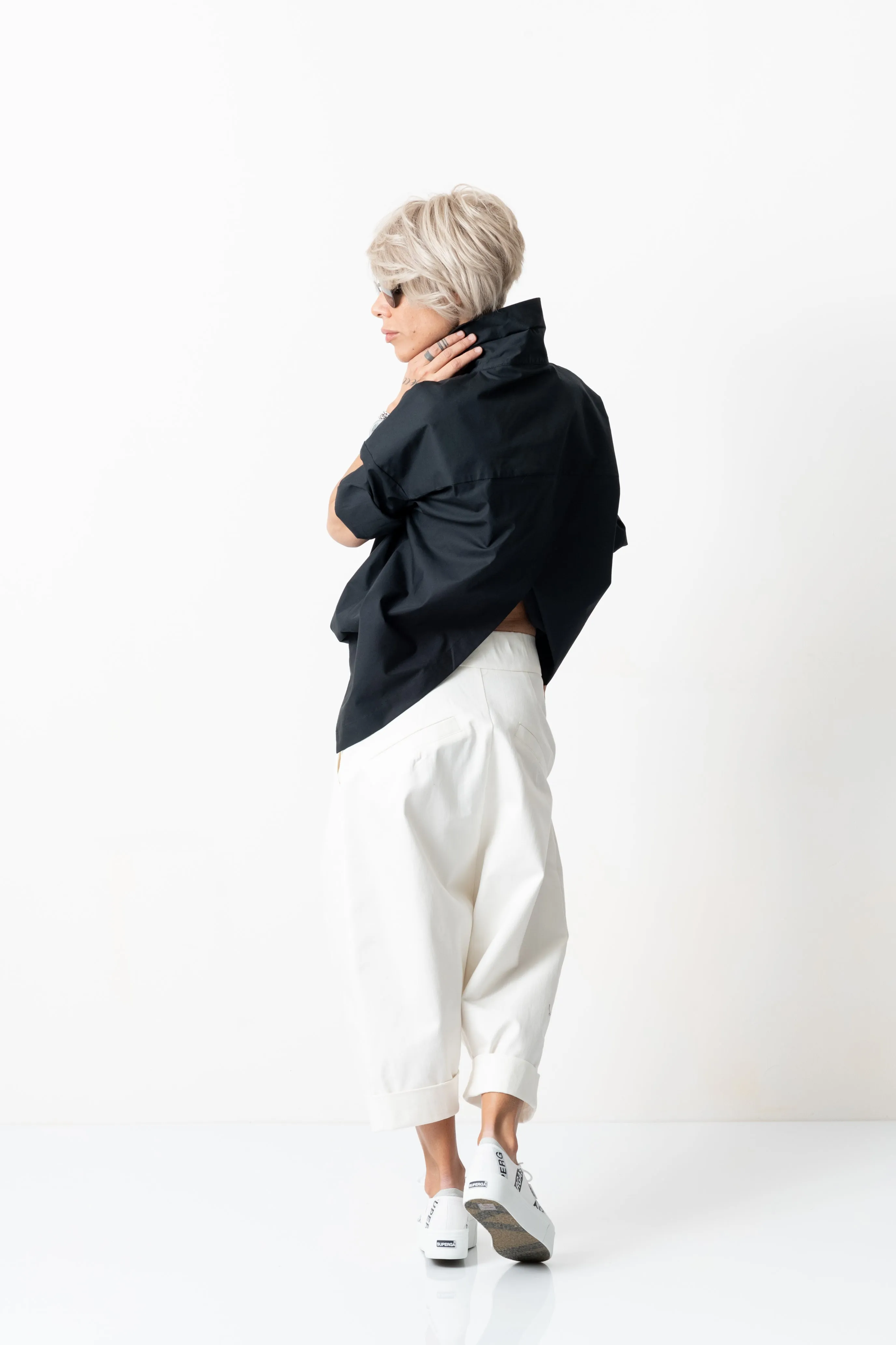 White Drop Crotch Casual Pants with Side Pockets