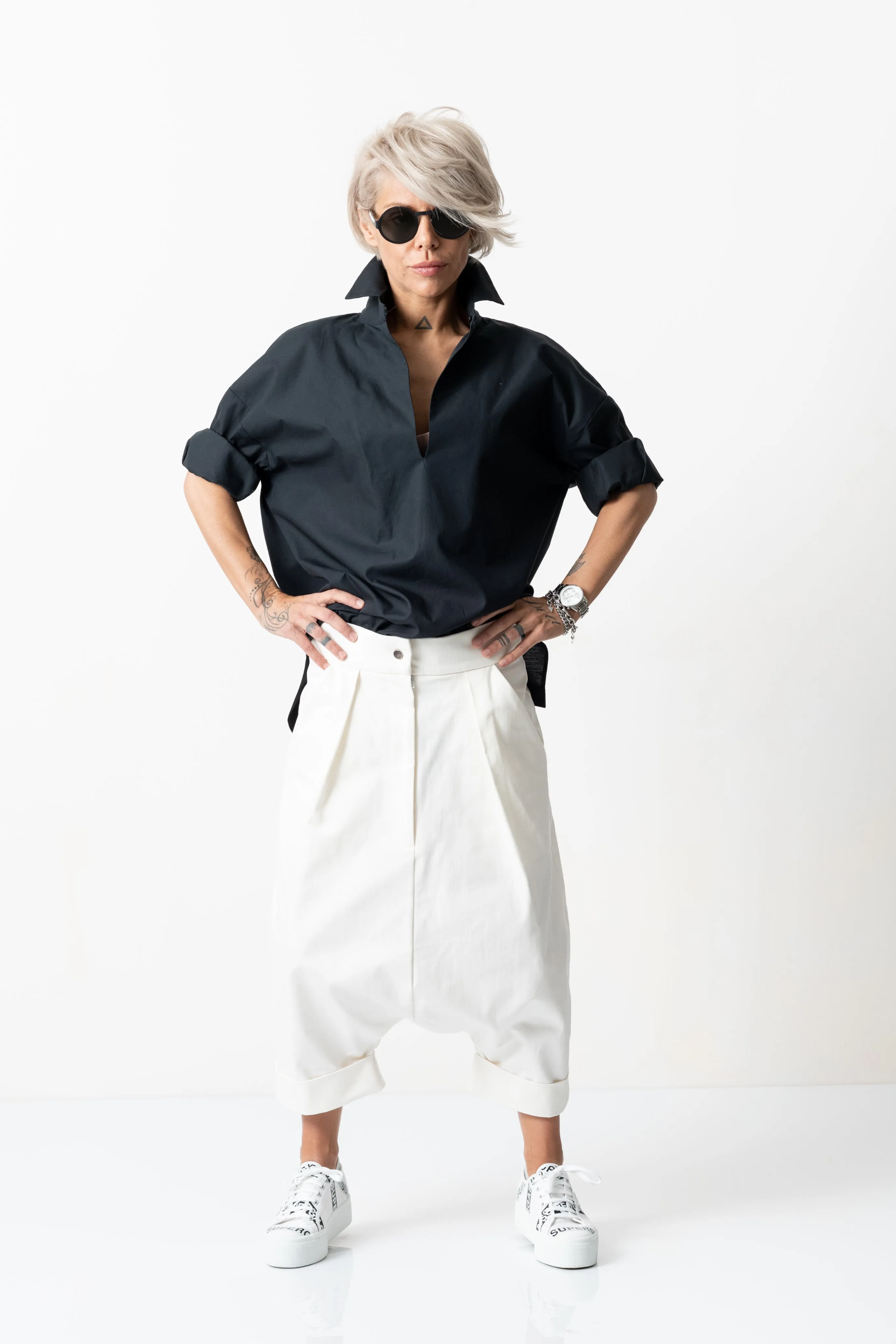 White Drop Crotch Casual Pants with Side Pockets