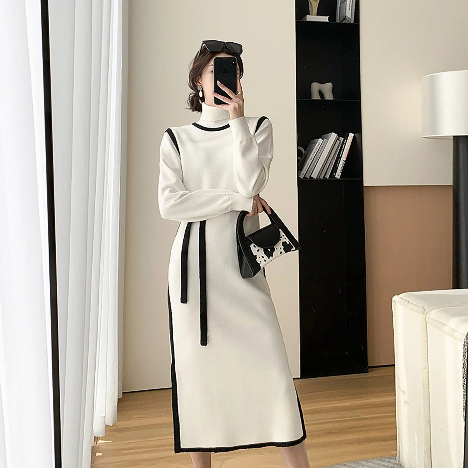 White Elastic Knit Mock Neck Midi Sweater Dress