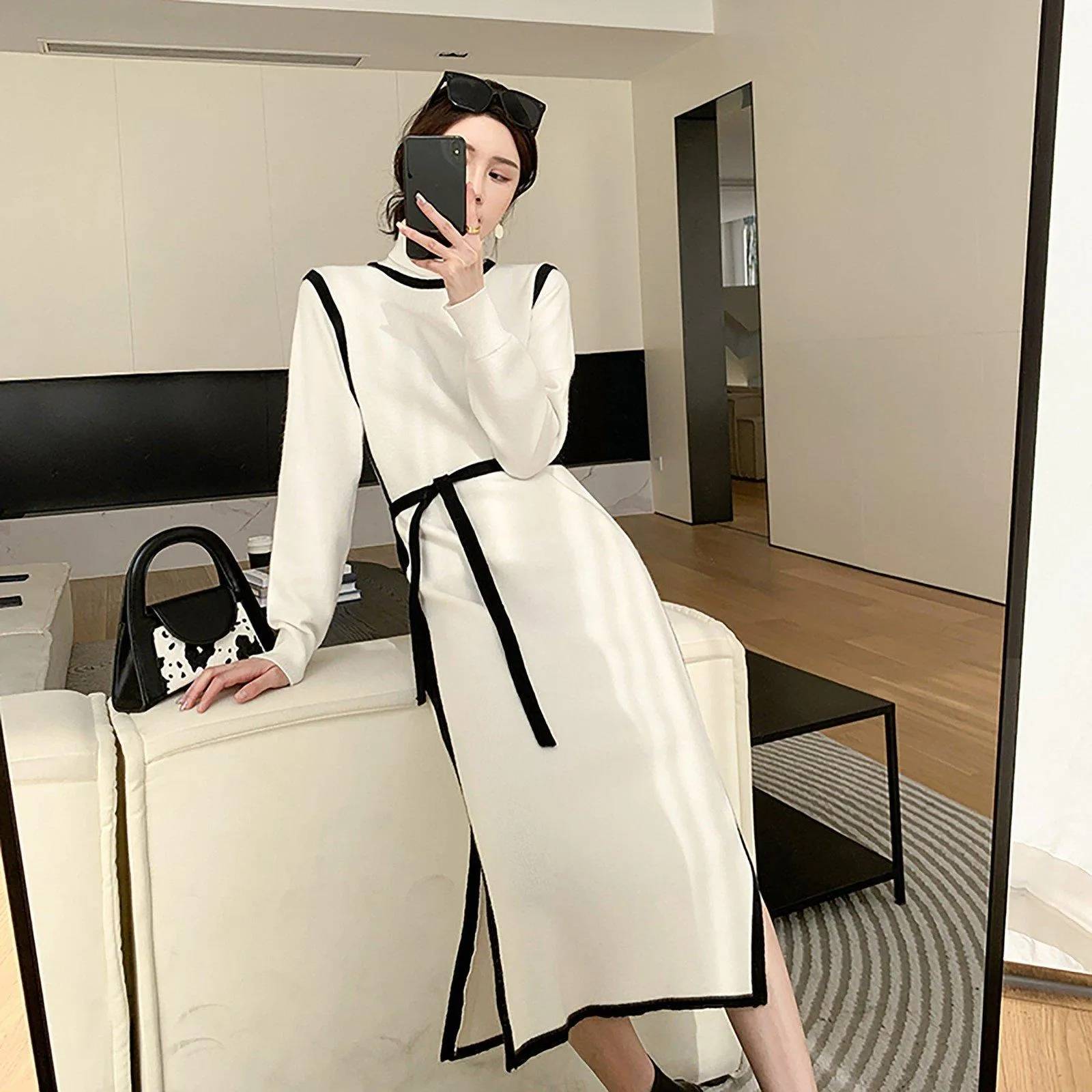 White Elastic Knit Mock Neck Midi Sweater Dress