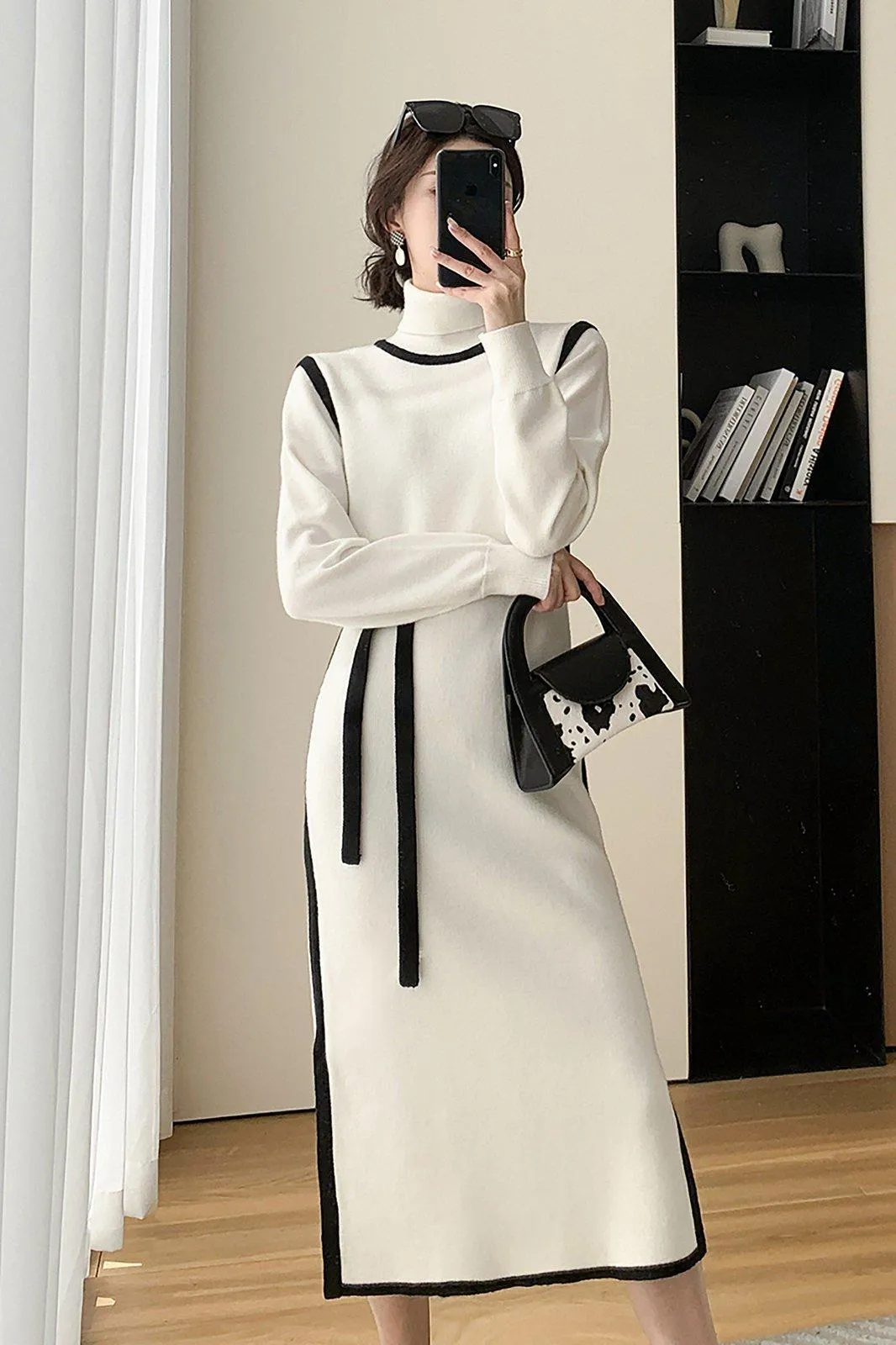 White Elastic Knit Mock Neck Midi Sweater Dress