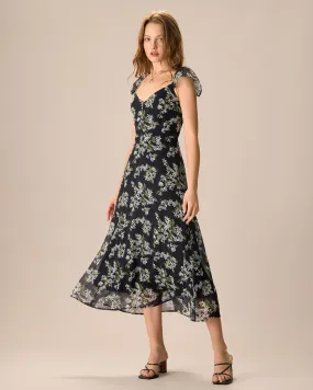 Women's Black Floral Shirred Midi Dress