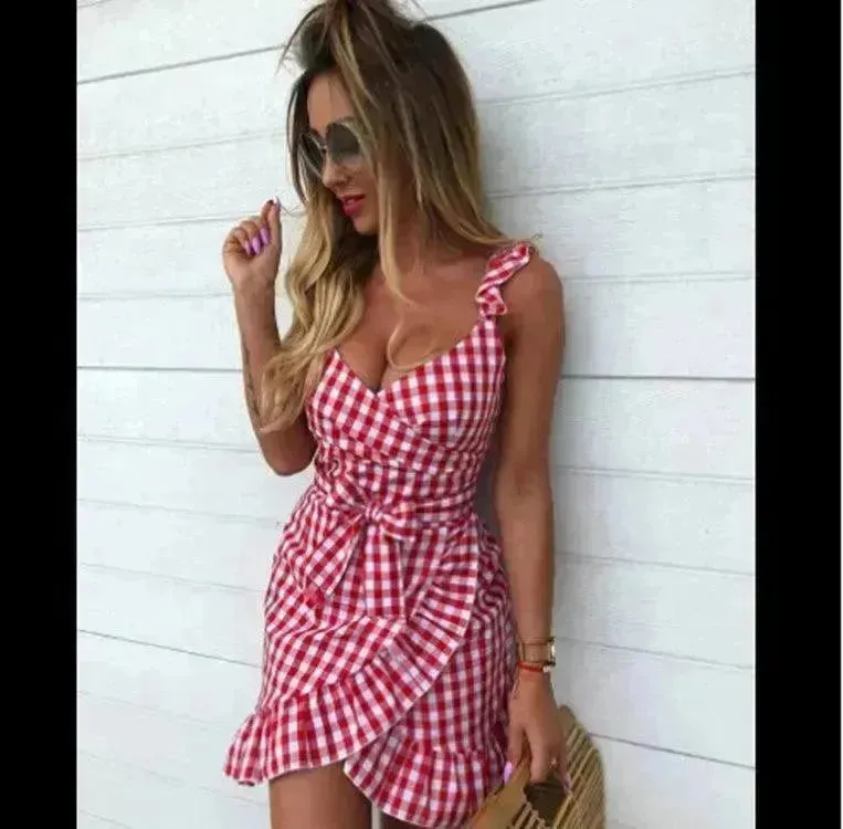 Women's Fashion Personality Summer Sleeveless Plaid Drawstring Casual Mini Dress