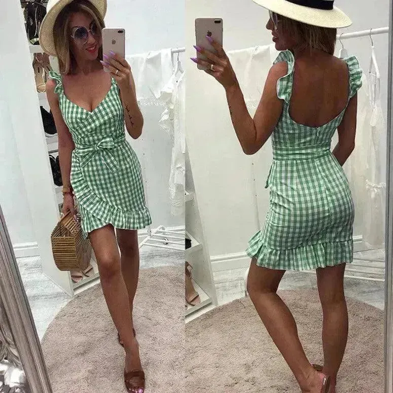 Women's Fashion Personality Summer Sleeveless Plaid Drawstring Casual Mini Dress