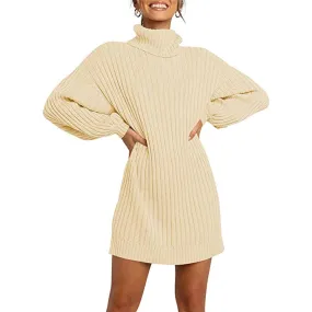 Women's Turtleneck Long Lantern Sleeve Casual Loose Oversized Sweater Dress