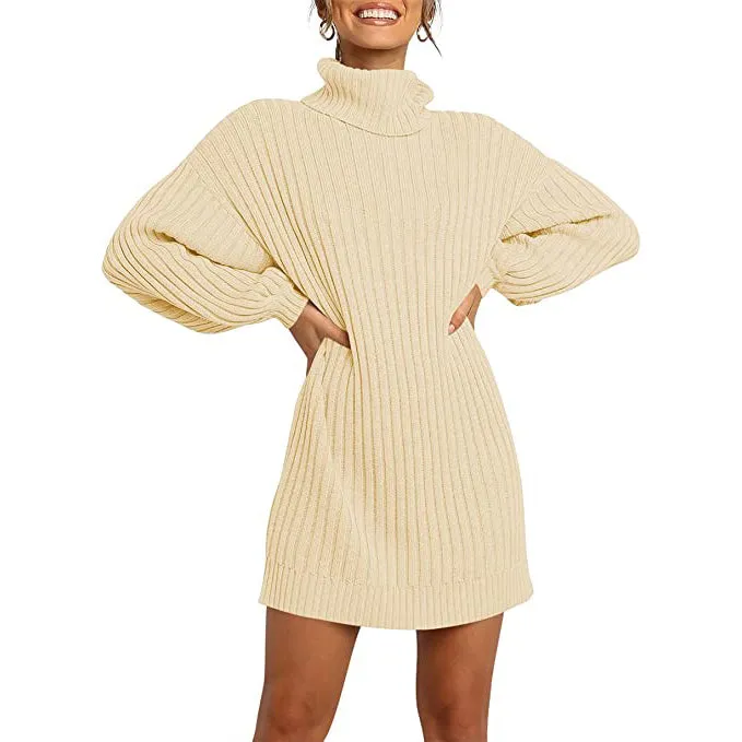 Women's Turtleneck Long Lantern Sleeve Casual Loose Oversized Sweater Dress