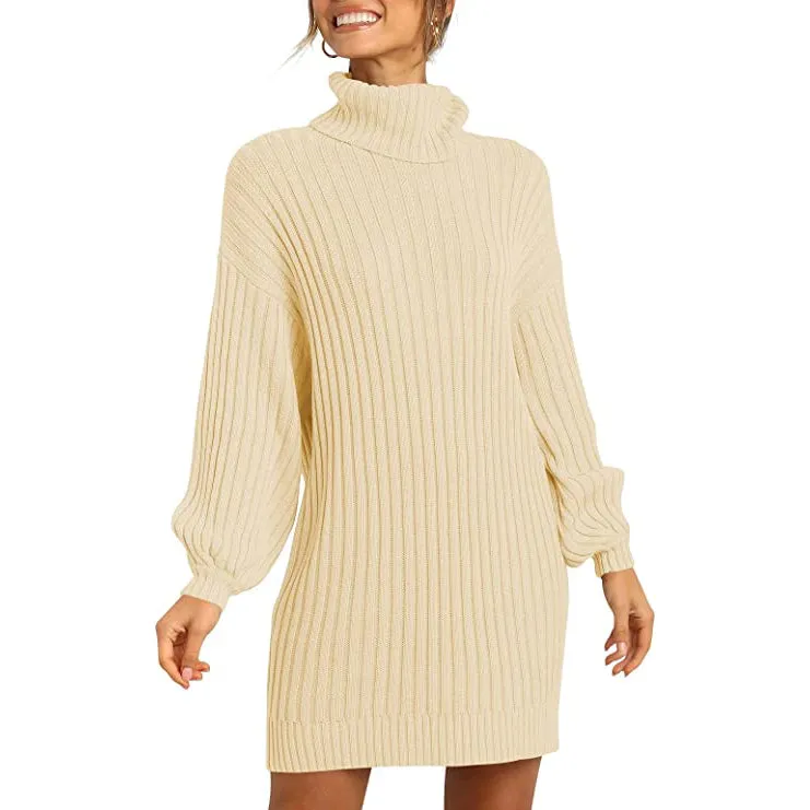 Women's Turtleneck Long Lantern Sleeve Casual Loose Oversized Sweater Dress