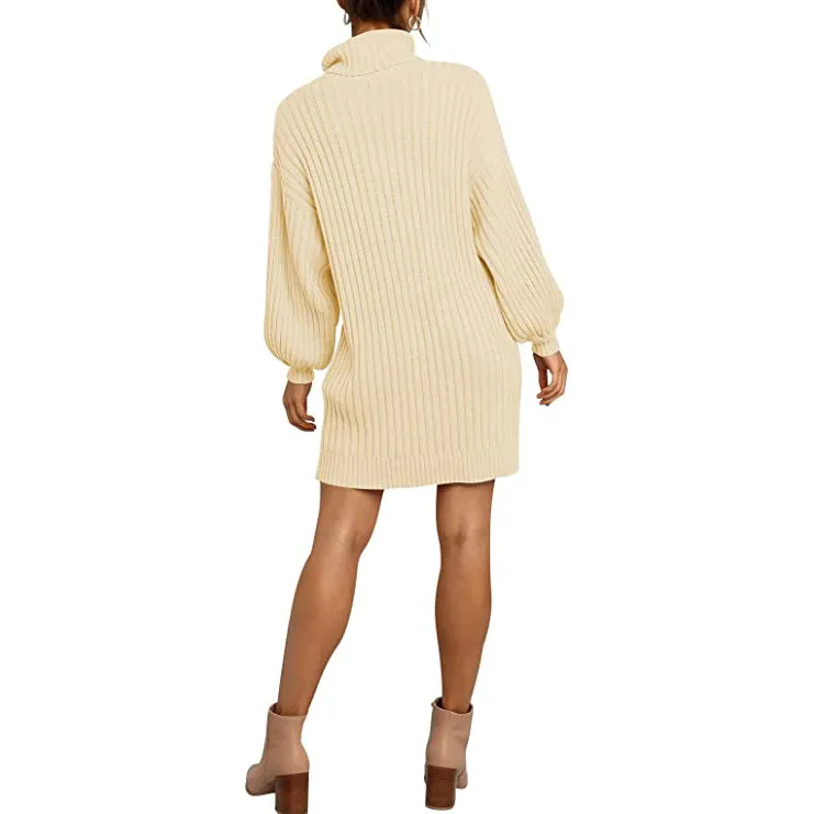 Women's Turtleneck Long Lantern Sleeve Casual Loose Oversized Sweater Dress