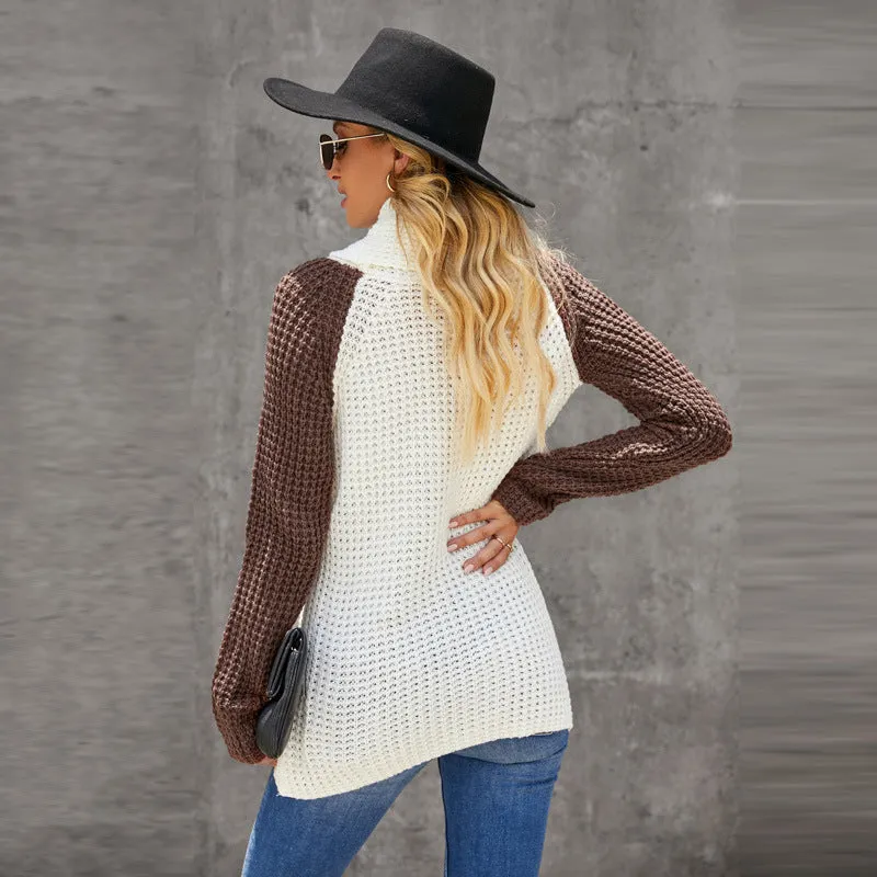 Women's Turtleneck Sweater Asymmetric Hem Wrap Knit Cardigan