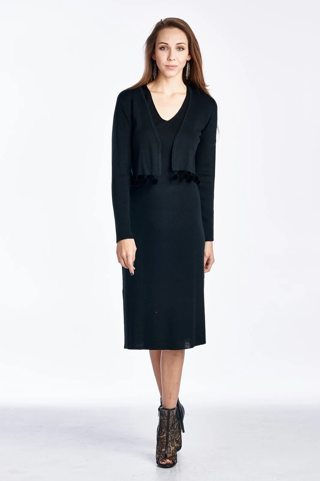 Women's Wool 2 Piece Sweater Dress with Ball Trim